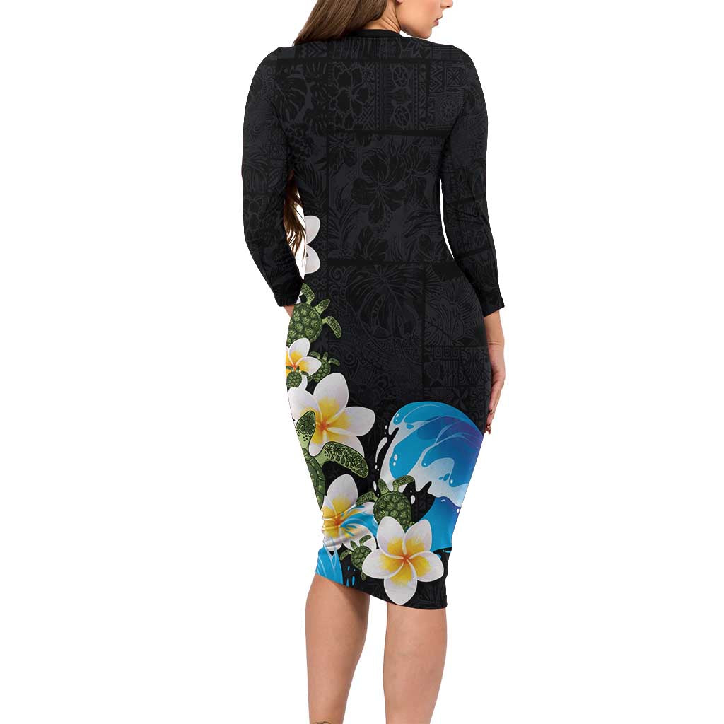 Hawaiian Plumeria and Turtle Family Matching Long Sleeve Bodycon Dress and Hawaiian Shirt with Polynesian Tribal Art Pattern Vintage Vibes