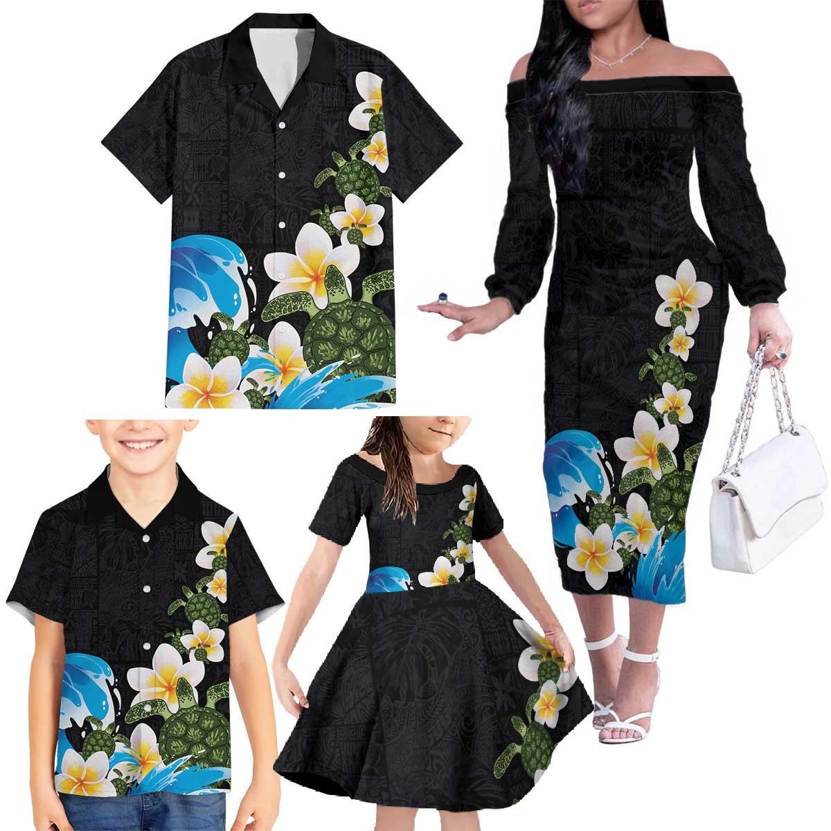 Hawaiian Plumeria and Turtle Family Matching Off The Shoulder Long Sleeve Dress and Hawaiian Shirt with Polynesian Tribal Art Pattern Vintage Vibes