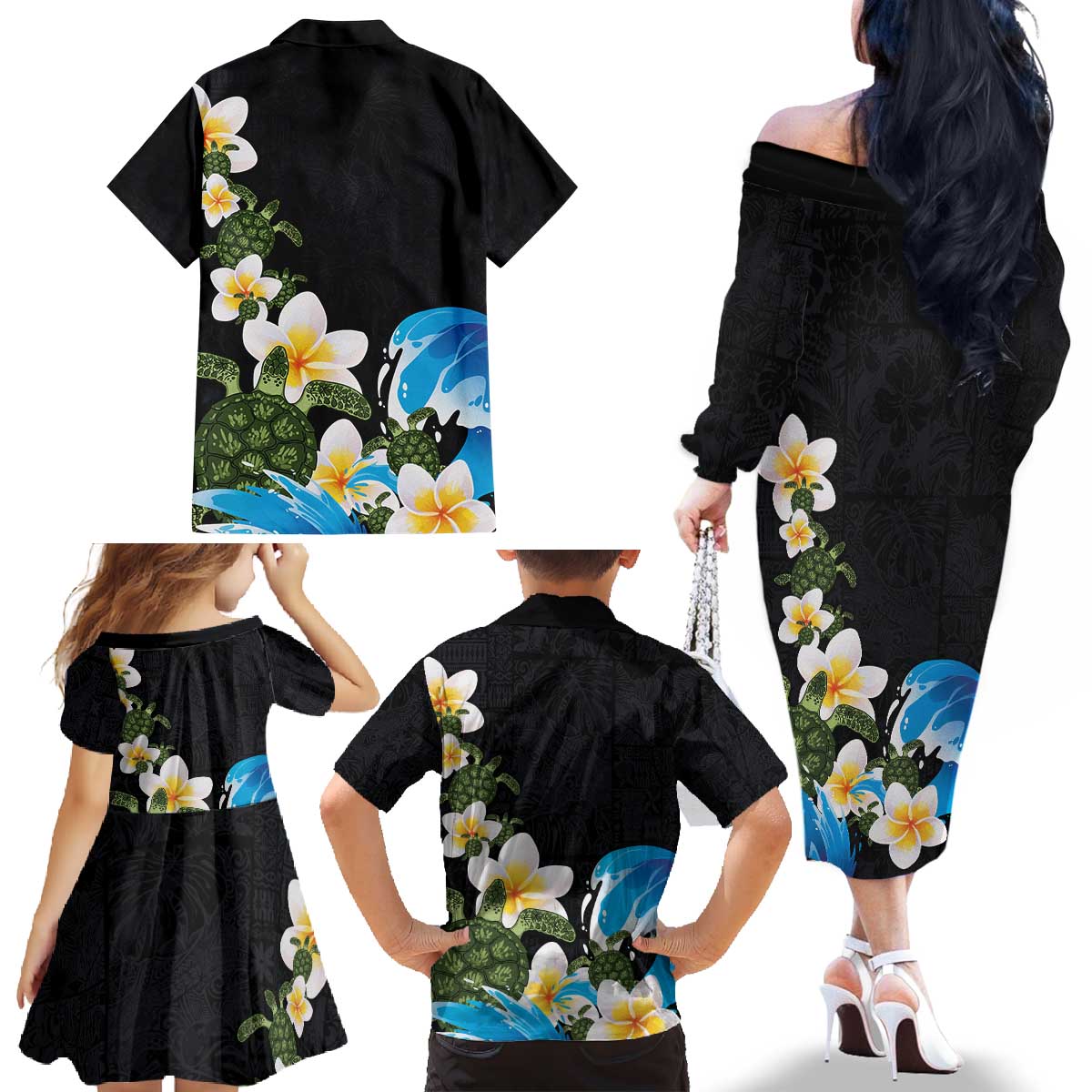 Hawaiian Plumeria and Turtle Family Matching Off The Shoulder Long Sleeve Dress and Hawaiian Shirt with Polynesian Tribal Art Pattern Vintage Vibes