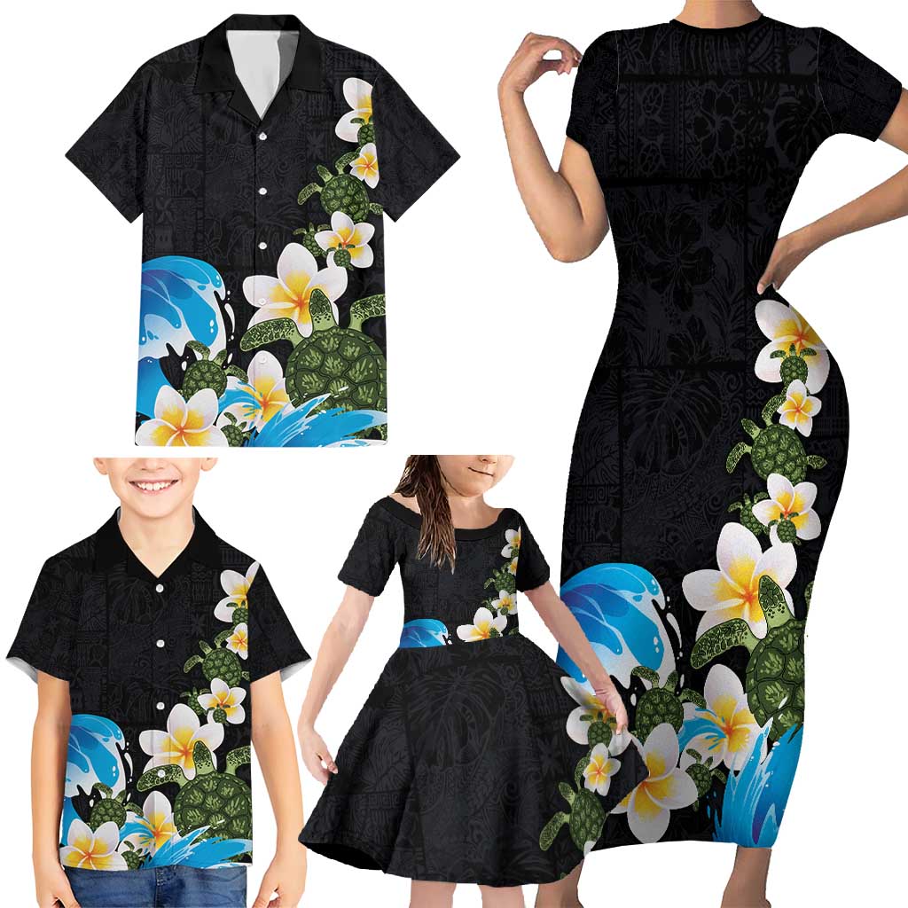 Hawaiian Plumeria and Turtle Family Matching Short Sleeve Bodycon Dress and Hawaiian Shirt with Polynesian Tribal Art Pattern Vintage Vibes