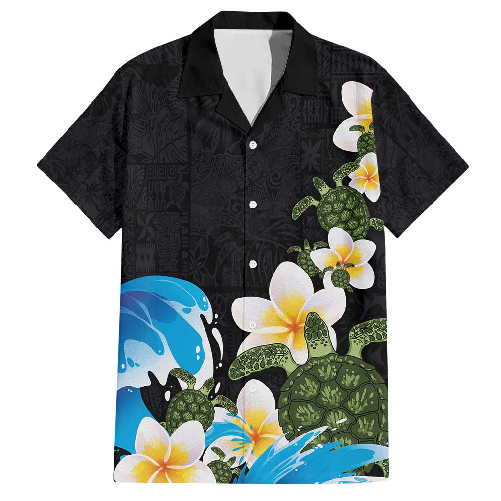 Hawaiian Plumeria and Turtle Hawaiian Shirt with Polynesian Tribal Art Pattern Vintage Vibes LT03 Black - Polynesian Pride