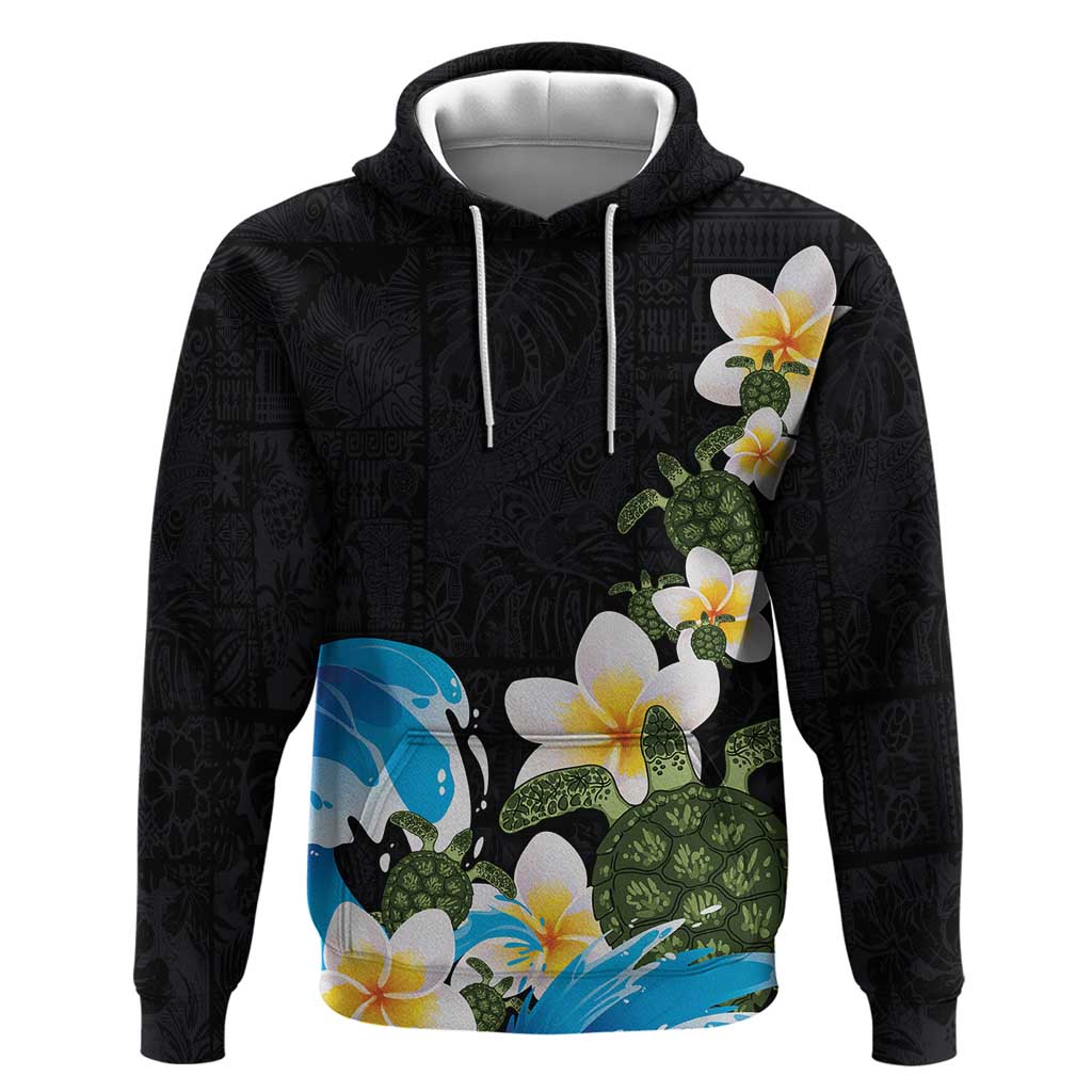 Hawaiian Plumeria and Turtle Hoodie with Polynesian Tribal Art Pattern Vintage Vibes