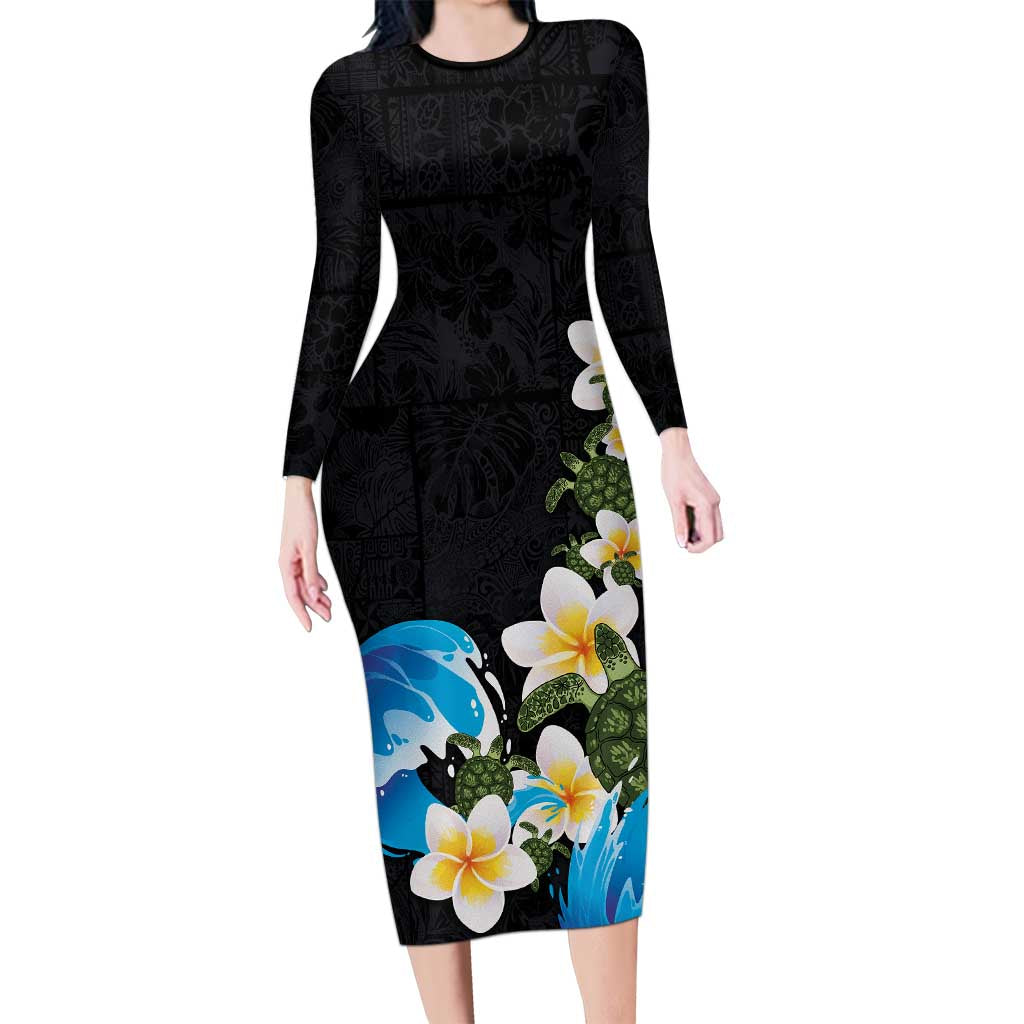 Hawaiian Plumeria and Turtle Long Sleeve Bodycon Dress with Polynesian Tribal Art Pattern Vintage Vibes