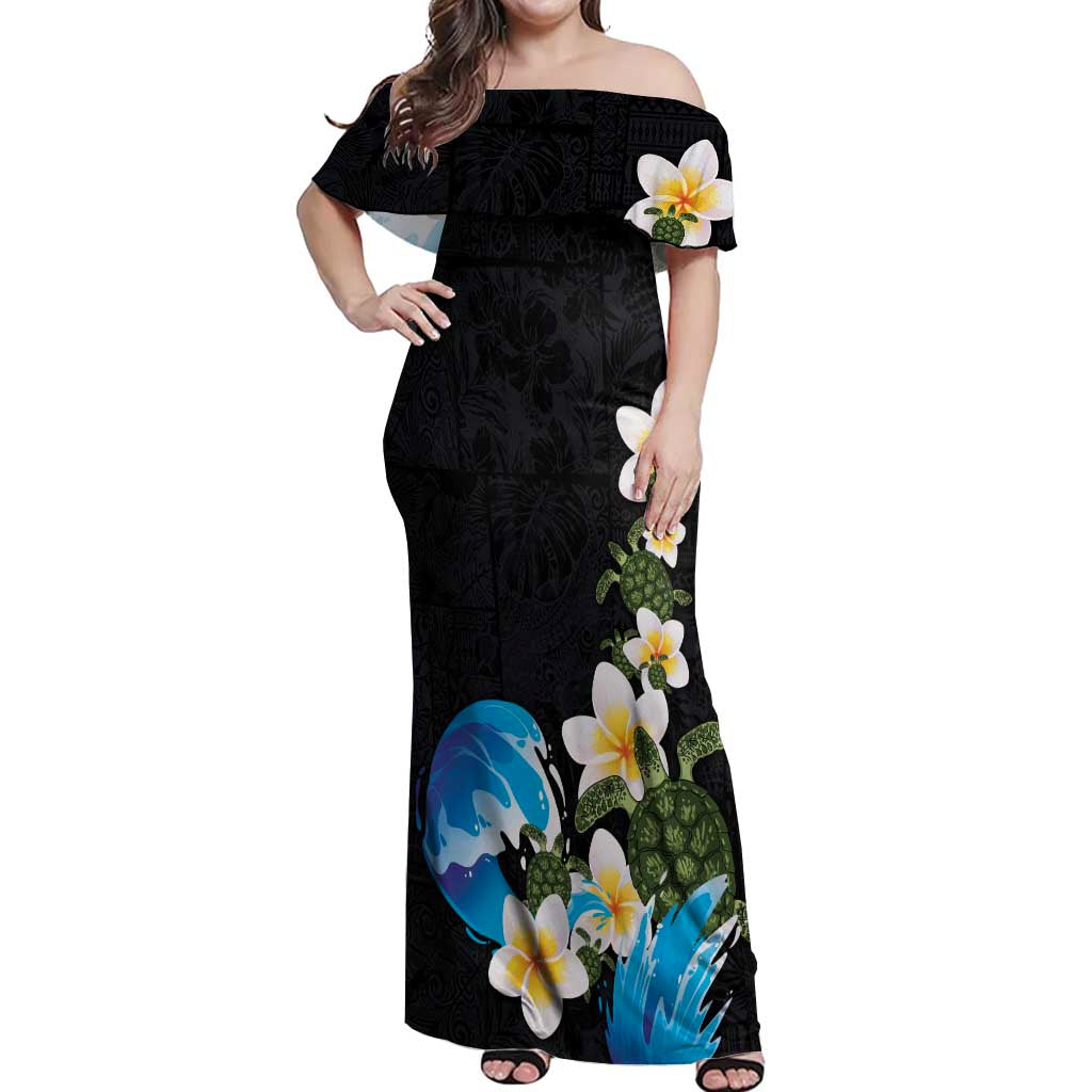 Hawaiian Plumeria and Turtle Off Shoulder Maxi Dress with Polynesian Tribal Art Pattern Vintage Vibes LT03 Women Black - Polynesian Pride