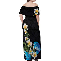Hawaiian Plumeria and Turtle Off Shoulder Maxi Dress with Polynesian Tribal Art Pattern Vintage Vibes LT03 - Polynesian Pride