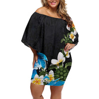 Hawaiian Plumeria and Turtle Off Shoulder Short Dress with Polynesian Tribal Art Pattern Vintage Vibes LT03 Women Black - Polynesian Pride