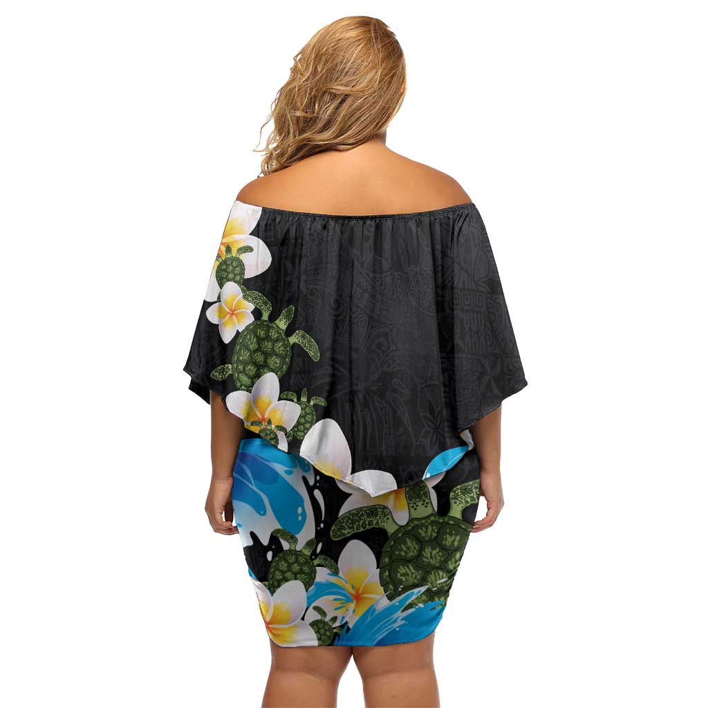 Hawaiian Plumeria and Turtle Off Shoulder Short Dress with Polynesian Tribal Art Pattern Vintage Vibes LT03 - Polynesian Pride