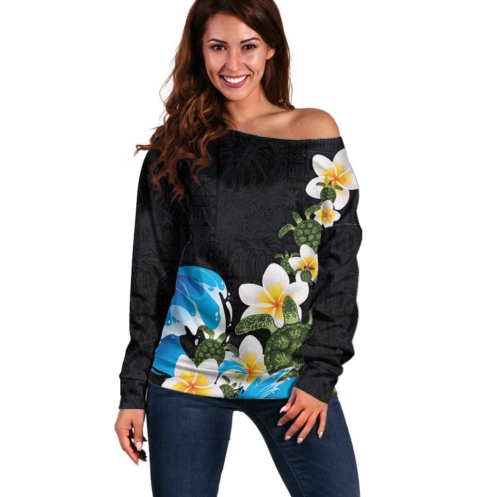 Hawaiian Plumeria and Turtle Off Shoulder Sweater with Polynesian Tribal Art Pattern Vintage Vibes