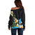 Hawaiian Plumeria and Turtle Off Shoulder Sweater with Polynesian Tribal Art Pattern Vintage Vibes