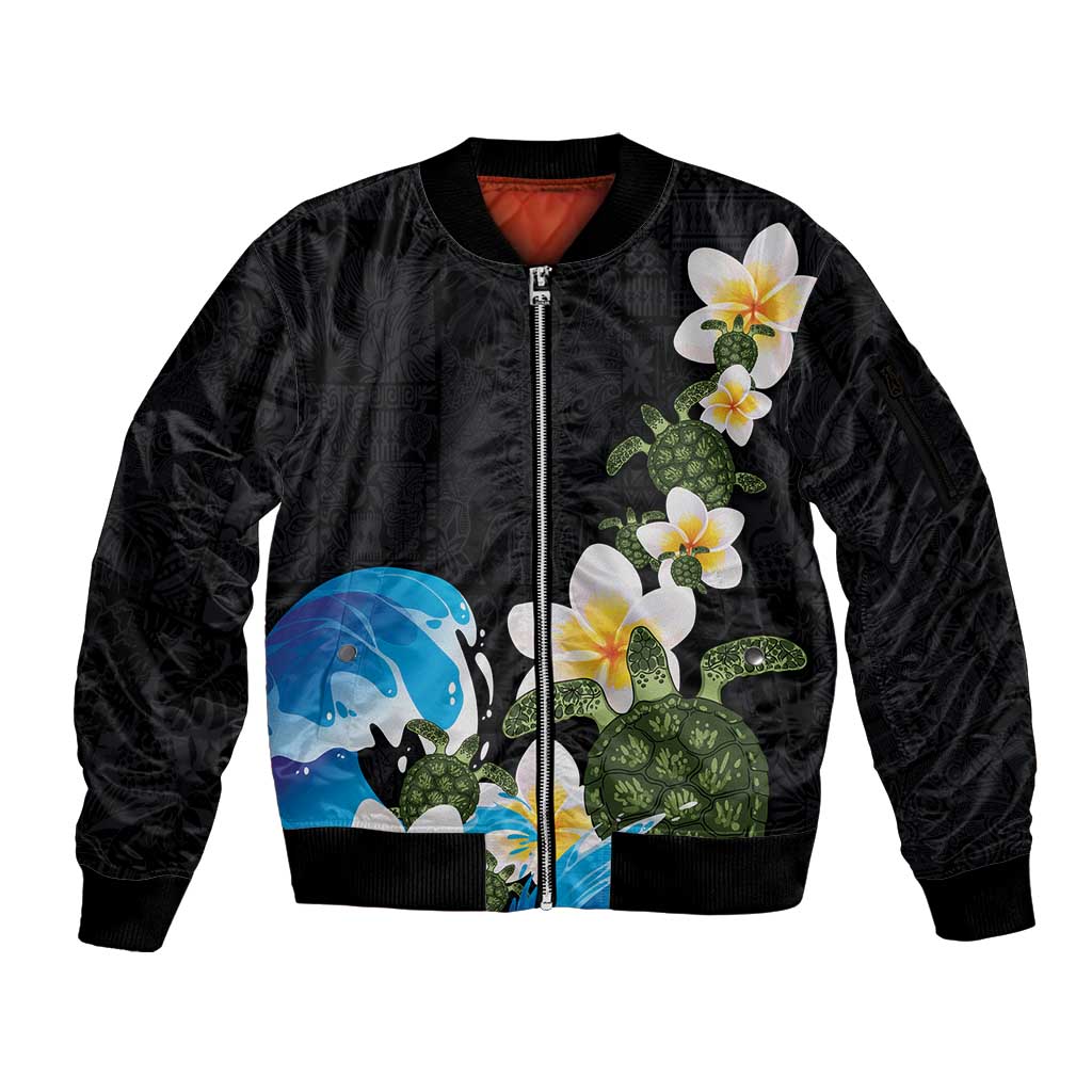 Hawaiian Plumeria and Turtle Sleeve Zip Bomber Jacket with Polynesian Tribal Art Pattern Vintage Vibes