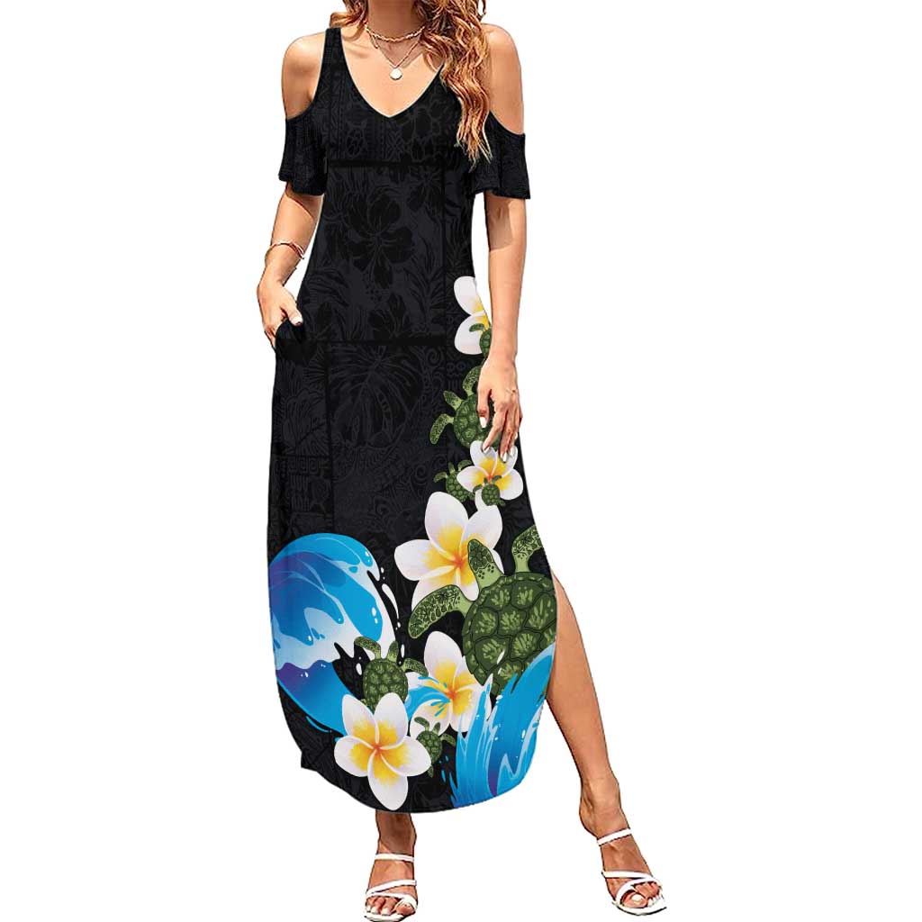 Hawaiian Plumeria and Turtle Summer Maxi Dress with Polynesian Tribal Art Pattern Vintage Vibes LT03 Women Black - Polynesian Pride