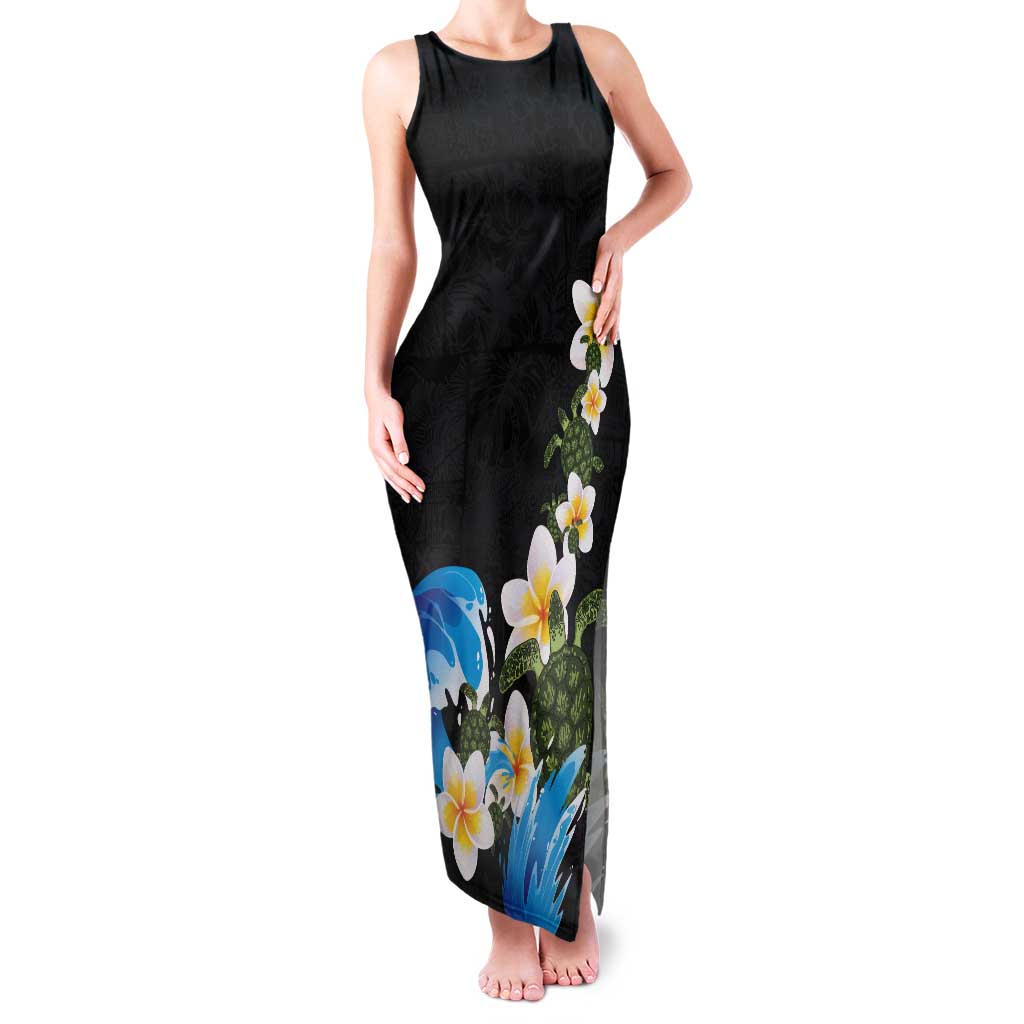 Hawaiian Plumeria and Turtle Tank Maxi Dress with Polynesian Tribal Art Pattern Vintage Vibes LT03 Women Black - Polynesian Pride