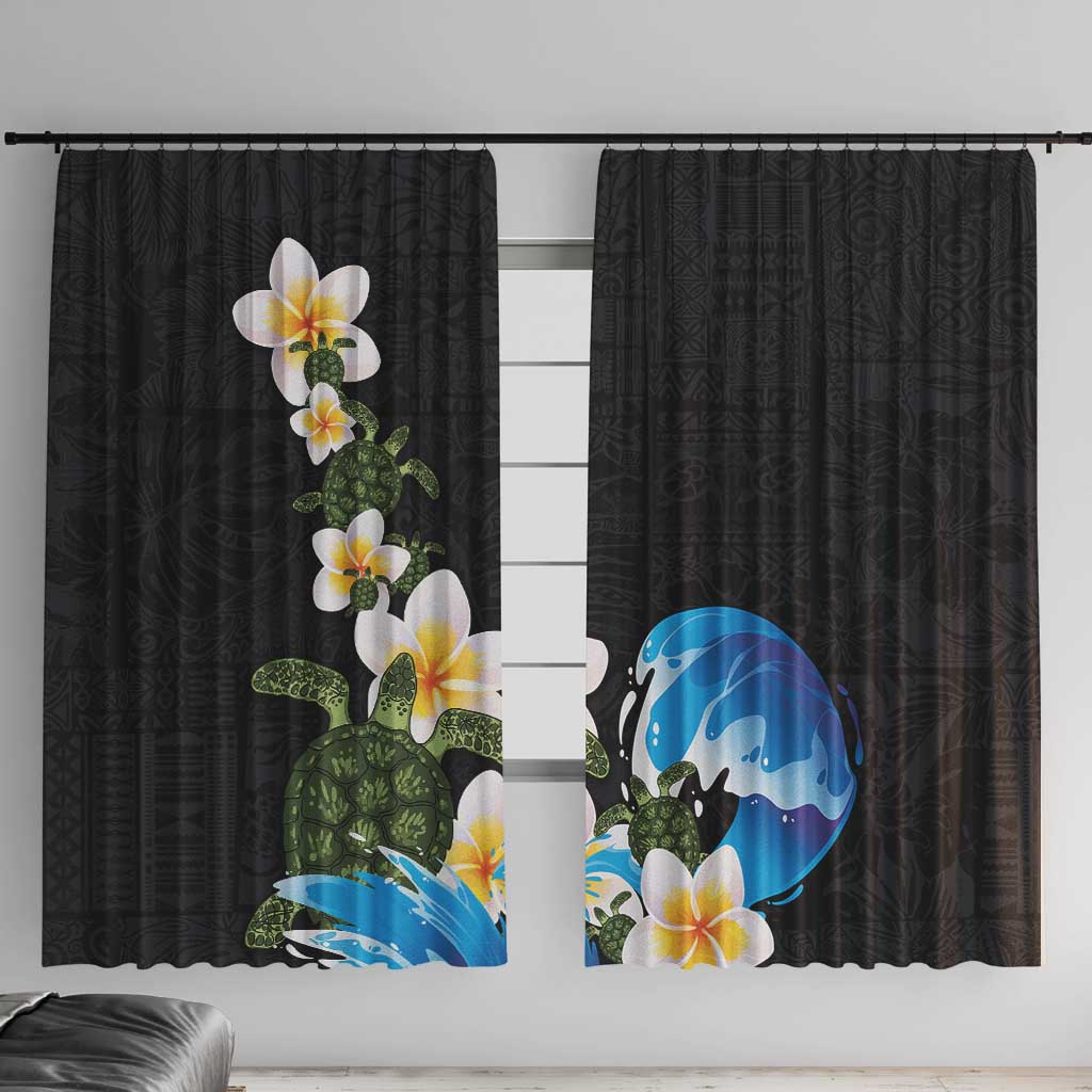 Hawaiian Plumeria and Turtle Window Curtain with Polynesian Tribal Art Pattern Vintage Vibes LT03 With Hooks Black - Polynesian Pride