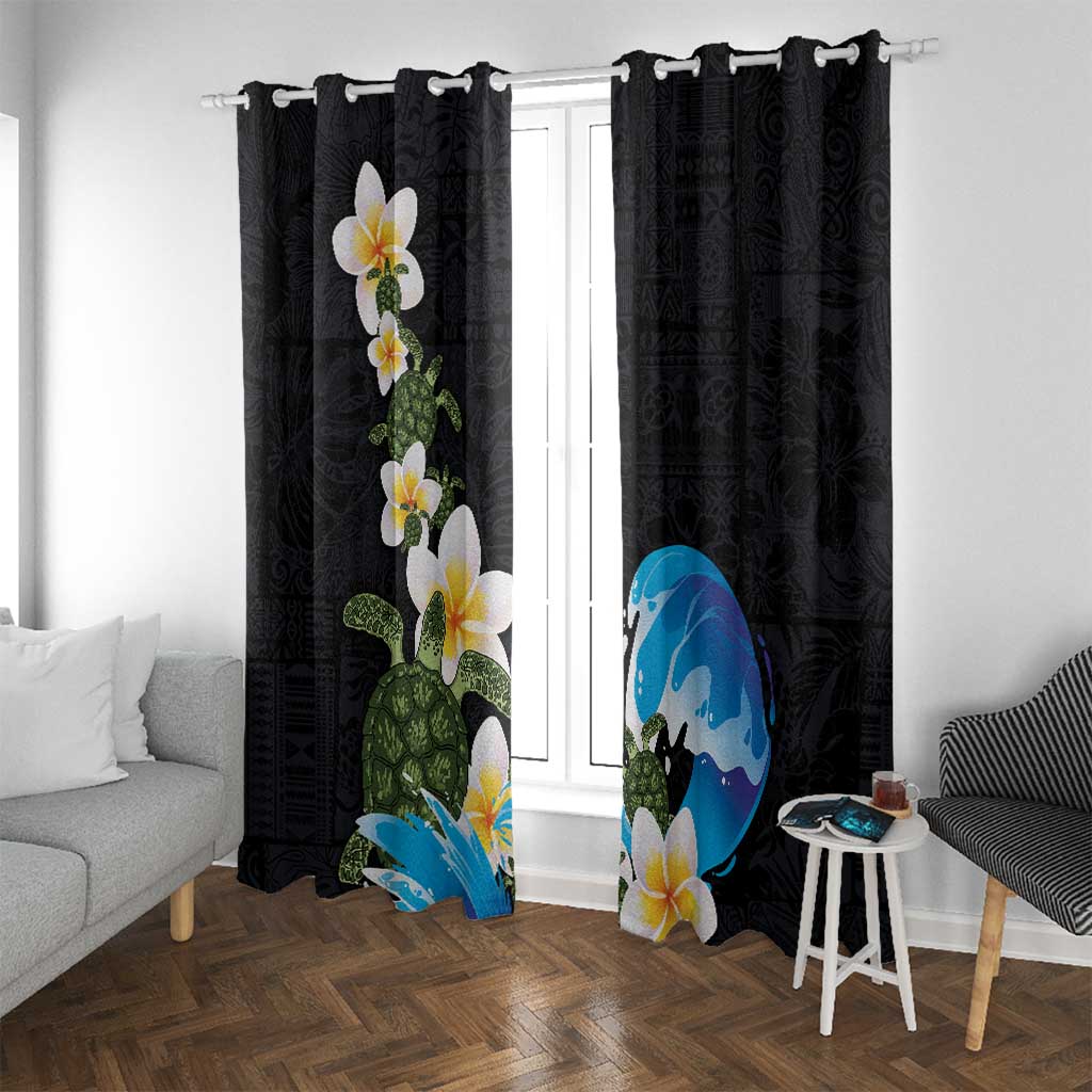 Hawaiian Plumeria and Turtle Window Curtain with Polynesian Tribal Art Pattern Vintage Vibes LT03 With Grommets Black - Polynesian Pride