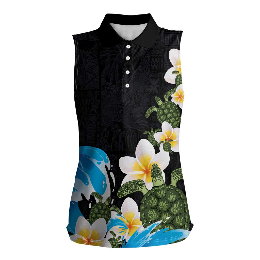 Hawaiian Plumeria and Turtle Women Sleeveless Polo Shirt with Polynesian Tribal Art Pattern Vintage Vibes