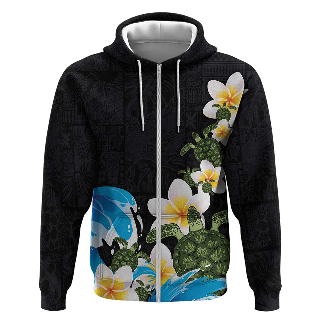 Hawaiian Plumeria and Turtle Zip Hoodie with Polynesian Tribal Art Pattern Vintage Vibes