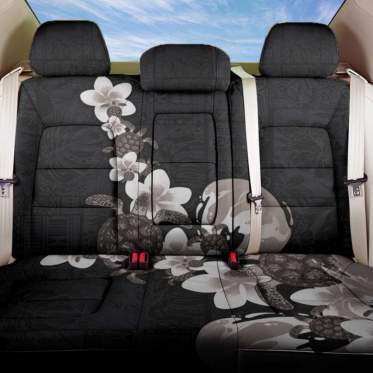 Hawaiian Plumeria and Turtle Back Car Seat Cover with Polynesian Tribal Art Pattern Grayscale Color