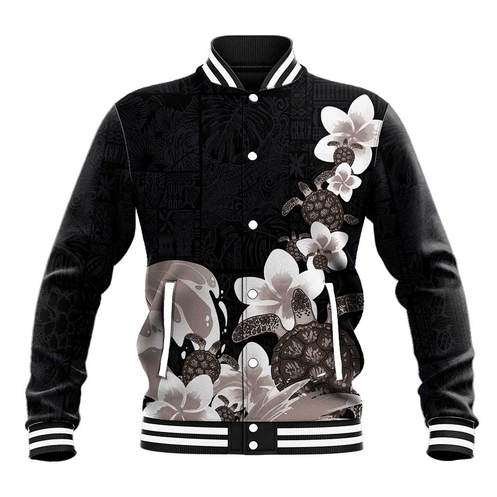 Hawaiian Plumeria and Turtle Baseball Jacket with Polynesian Tribal Art Pattern Grayscale Color LT03 Unisex Black - Polynesian Pride