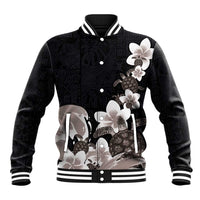 Hawaiian Plumeria and Turtle Baseball Jacket with Polynesian Tribal Art Pattern Grayscale Color LT03 Unisex Black - Polynesian Pride