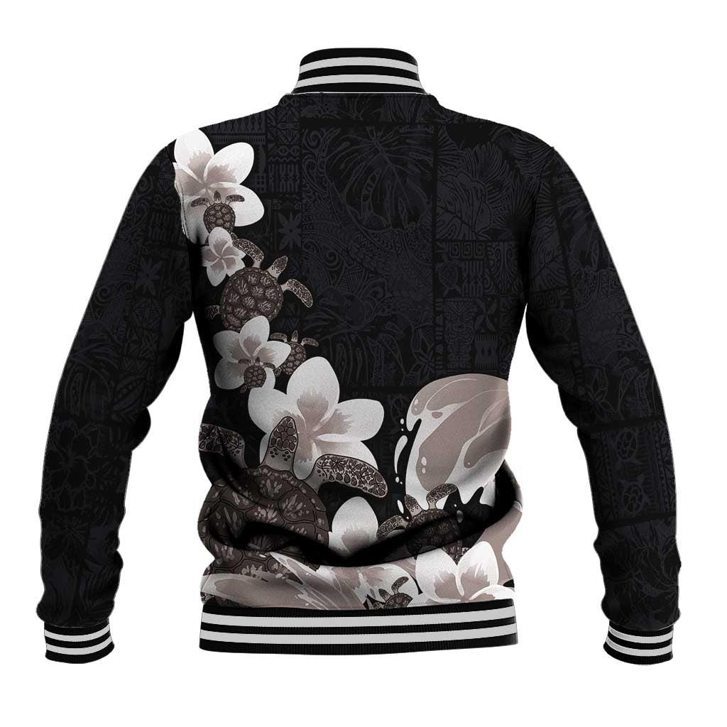 Hawaiian Plumeria and Turtle Baseball Jacket with Polynesian Tribal Art Pattern Grayscale Color LT03 - Polynesian Pride