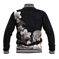 Hawaiian Plumeria and Turtle Baseball Jacket with Polynesian Tribal Art Pattern Grayscale Color LT03 - Polynesian Pride