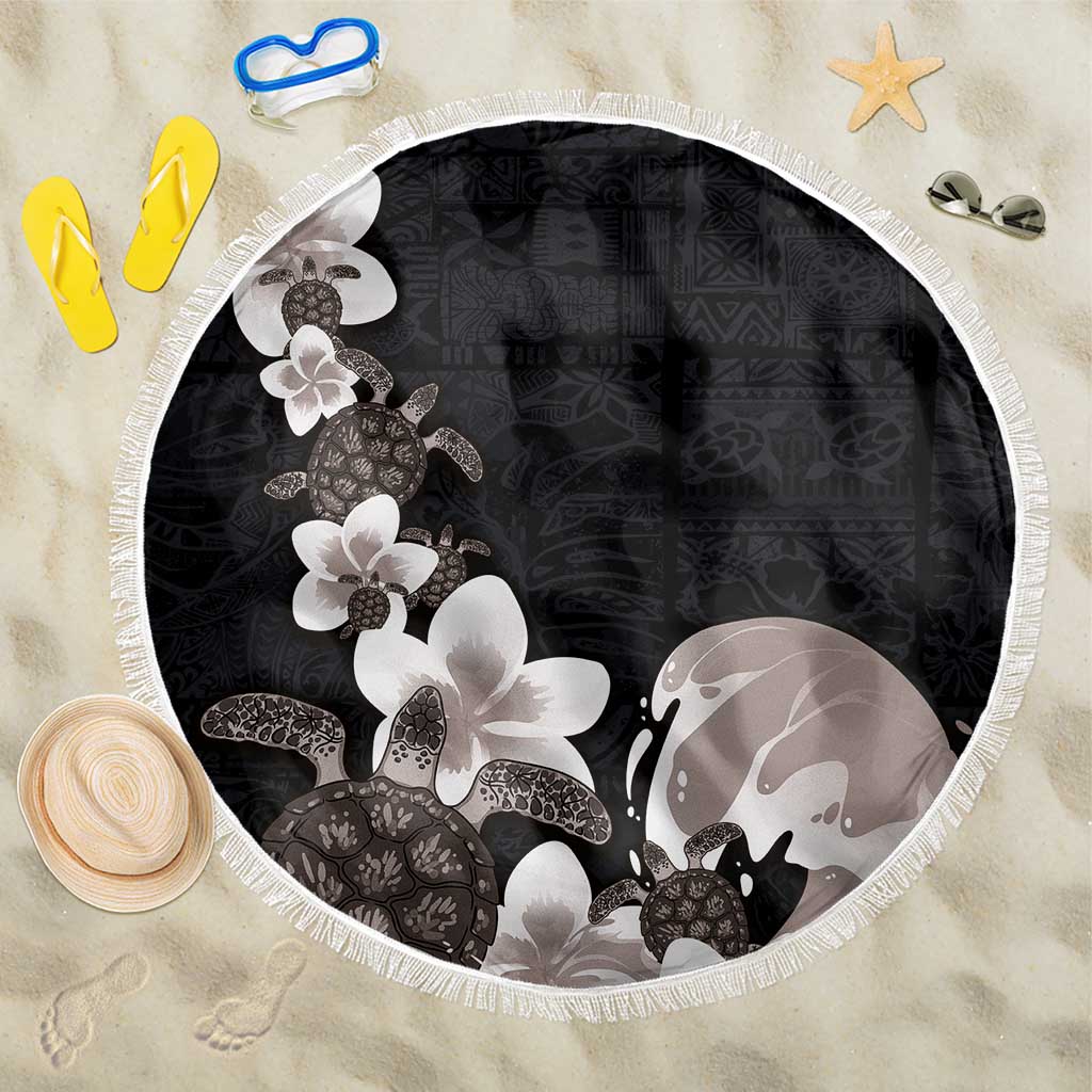 Hawaiian Plumeria and Turtle Beach Blanket with Polynesian Tribal Art Pattern Grayscale Color