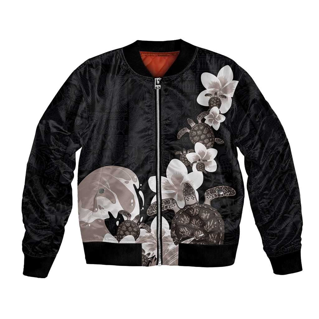 Hawaiian Plumeria and Turtle Bomber Jacket with Polynesian Tribal Art Pattern Grayscale Color