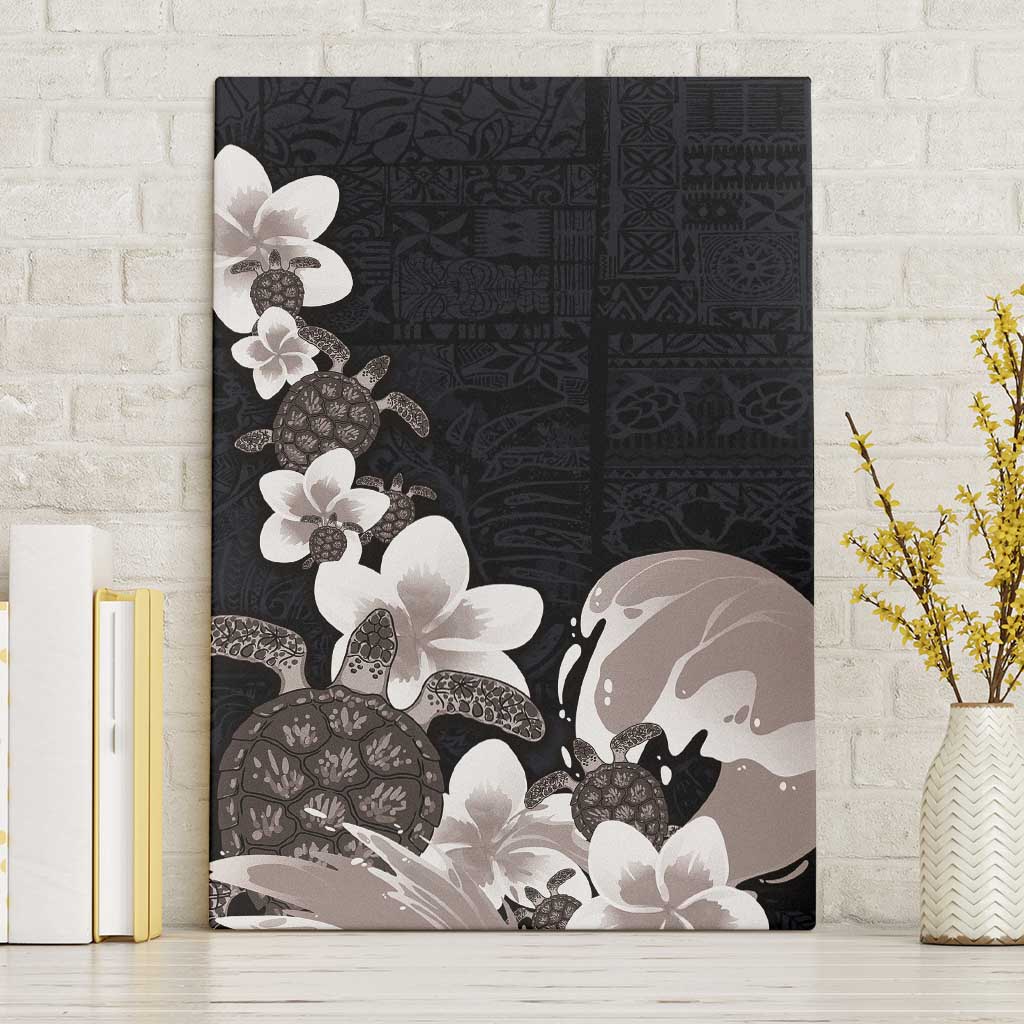 Hawaiian Plumeria and Turtle Canvas Wall Art with Polynesian Tribal Art Pattern Grayscale Color