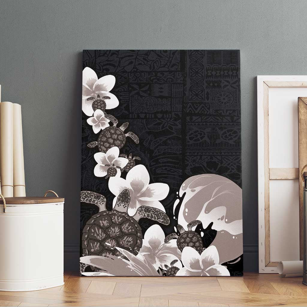 Hawaiian Plumeria and Turtle Canvas Wall Art with Polynesian Tribal Art Pattern Grayscale Color LT03 - Polynesian Pride