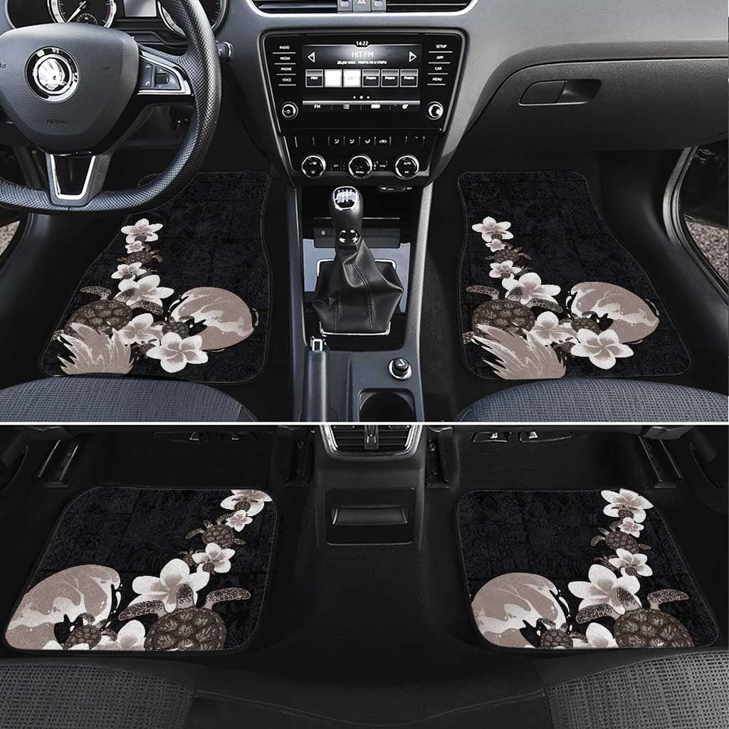 Hawaiian Plumeria and Turtle Car Mats with Polynesian Tribal Art Pattern Grayscale Color