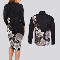 Hawaiian Plumeria and Turtle Couples Matching Long Sleeve Bodycon Dress and Long Sleeve Button Shirt with Polynesian Tribal Art Pattern Grayscale Color LT03 - Polynesian Pride
