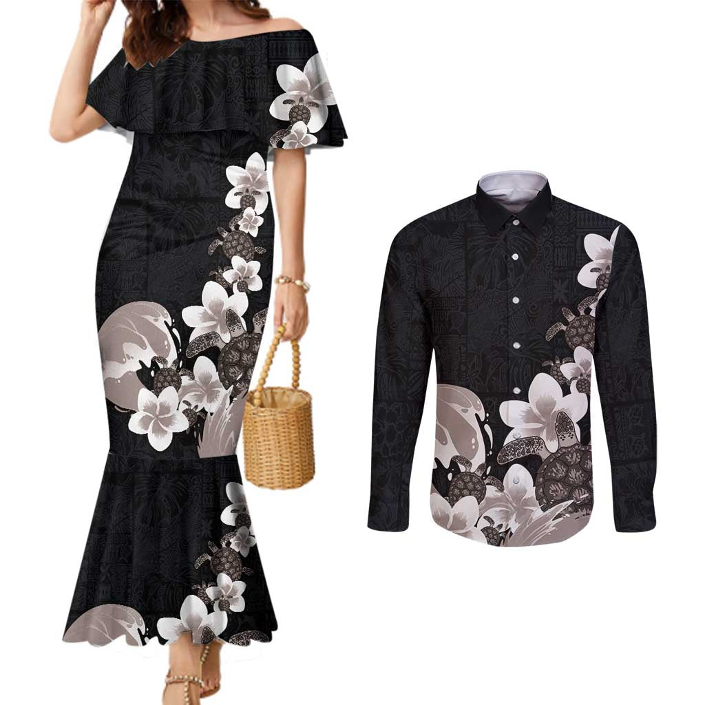 Hawaiian Plumeria and Turtle Couples Matching Mermaid Dress and Long Sleeve Button Shirt with Polynesian Tribal Art Pattern Grayscale Color LT03 Black - Polynesian Pride