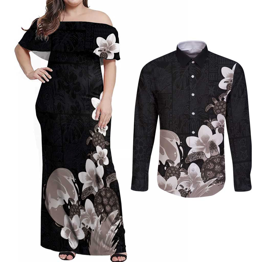 Hawaiian Plumeria and Turtle Couples Matching Off Shoulder Maxi Dress and Long Sleeve Button Shirt with Polynesian Tribal Art Pattern Grayscale Color LT03 Black - Polynesian Pride