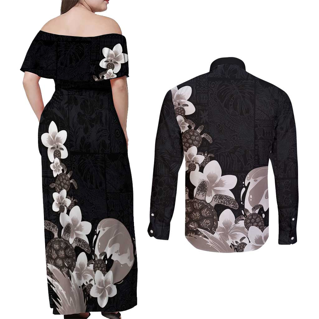 Hawaiian Plumeria and Turtle Couples Matching Off Shoulder Maxi Dress and Long Sleeve Button Shirt with Polynesian Tribal Art Pattern Grayscale Color LT03 - Polynesian Pride