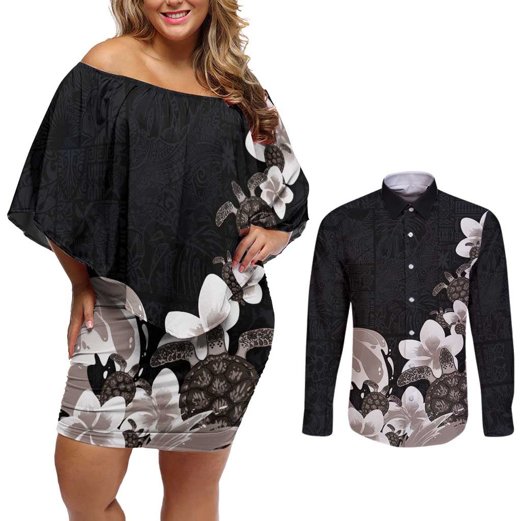 Hawaiian Plumeria and Turtle Couples Matching Off Shoulder Short Dress and Long Sleeve Button Shirt with Polynesian Tribal Art Pattern Grayscale Color LT03 Black - Polynesian Pride