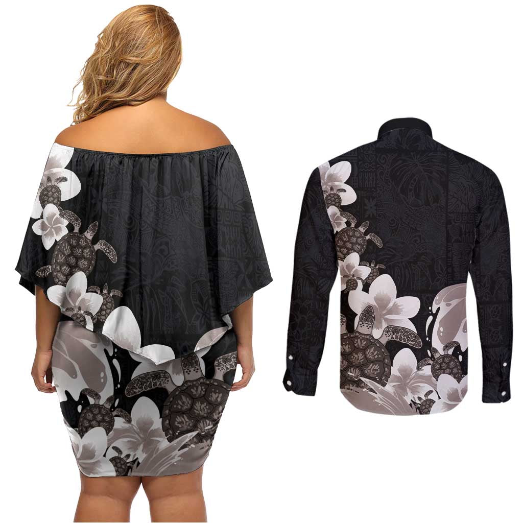 Hawaiian Plumeria and Turtle Couples Matching Off Shoulder Short Dress and Long Sleeve Button Shirt with Polynesian Tribal Art Pattern Grayscale Color LT03 - Polynesian Pride