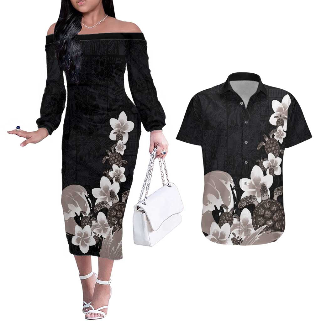 Hawaiian Plumeria and Turtle Couples Matching Off The Shoulder Long Sleeve Dress and Hawaiian Shirt with Polynesian Tribal Art Pattern Grayscale Color