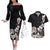 Hawaiian Plumeria and Turtle Couples Matching Off The Shoulder Long Sleeve Dress and Hawaiian Shirt with Polynesian Tribal Art Pattern Grayscale Color