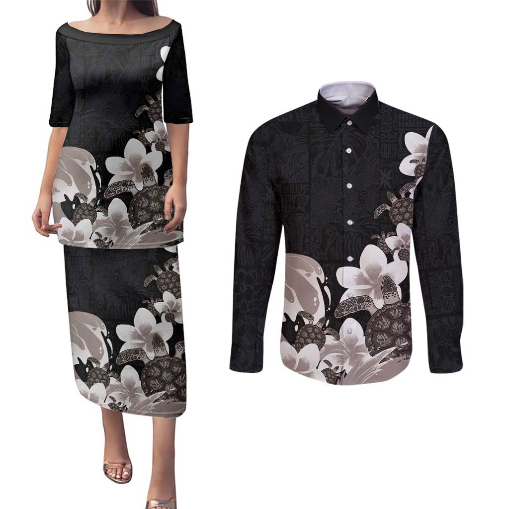 Hawaiian Plumeria and Turtle Couples Matching Puletasi and Long Sleeve Button Shirt with Polynesian Tribal Art Pattern Grayscale Color LT03 Black - Polynesian Pride