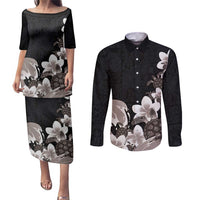 Hawaiian Plumeria and Turtle Couples Matching Puletasi and Long Sleeve Button Shirt with Polynesian Tribal Art Pattern Grayscale Color LT03 Black - Polynesian Pride