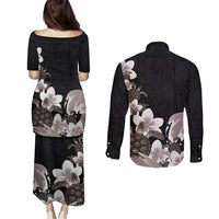 Hawaiian Plumeria and Turtle Couples Matching Puletasi and Long Sleeve Button Shirt with Polynesian Tribal Art Pattern Grayscale Color LT03 - Polynesian Pride