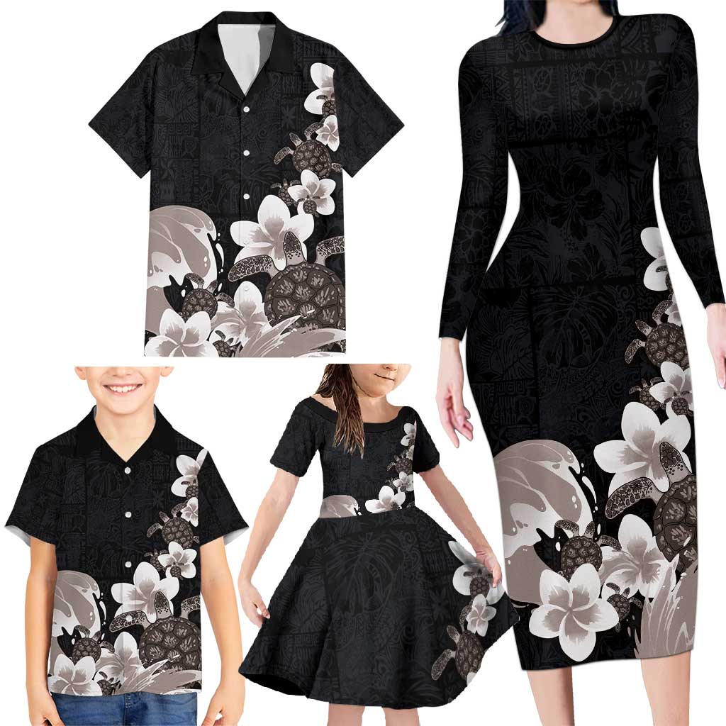 Hawaiian Plumeria and Turtle Family Matching Long Sleeve Bodycon Dress and Hawaiian Shirt with Polynesian Tribal Art Pattern Grayscale Color