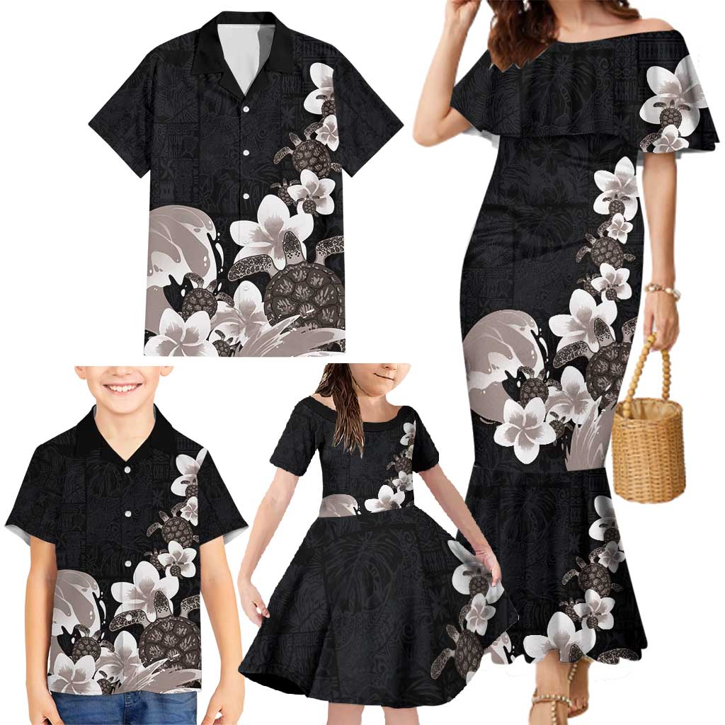 Hawaiian Plumeria and Turtle Family Matching Mermaid Dress and Hawaiian Shirt with Polynesian Tribal Art Pattern Grayscale Color