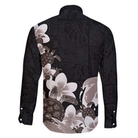 Hawaiian Plumeria and Turtle Family Matching Mermaid Dress and Hawaiian Shirt with Polynesian Tribal Art Pattern Grayscale Color