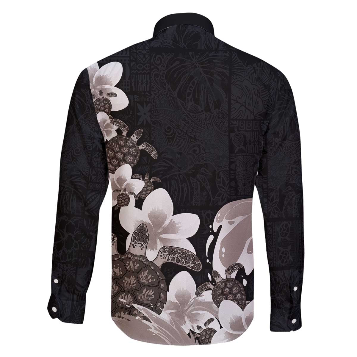 Hawaiian Plumeria and Turtle Family Matching Off The Shoulder Long Sleeve Dress and Hawaiian Shirt with Polynesian Tribal Art Pattern Grayscale Color