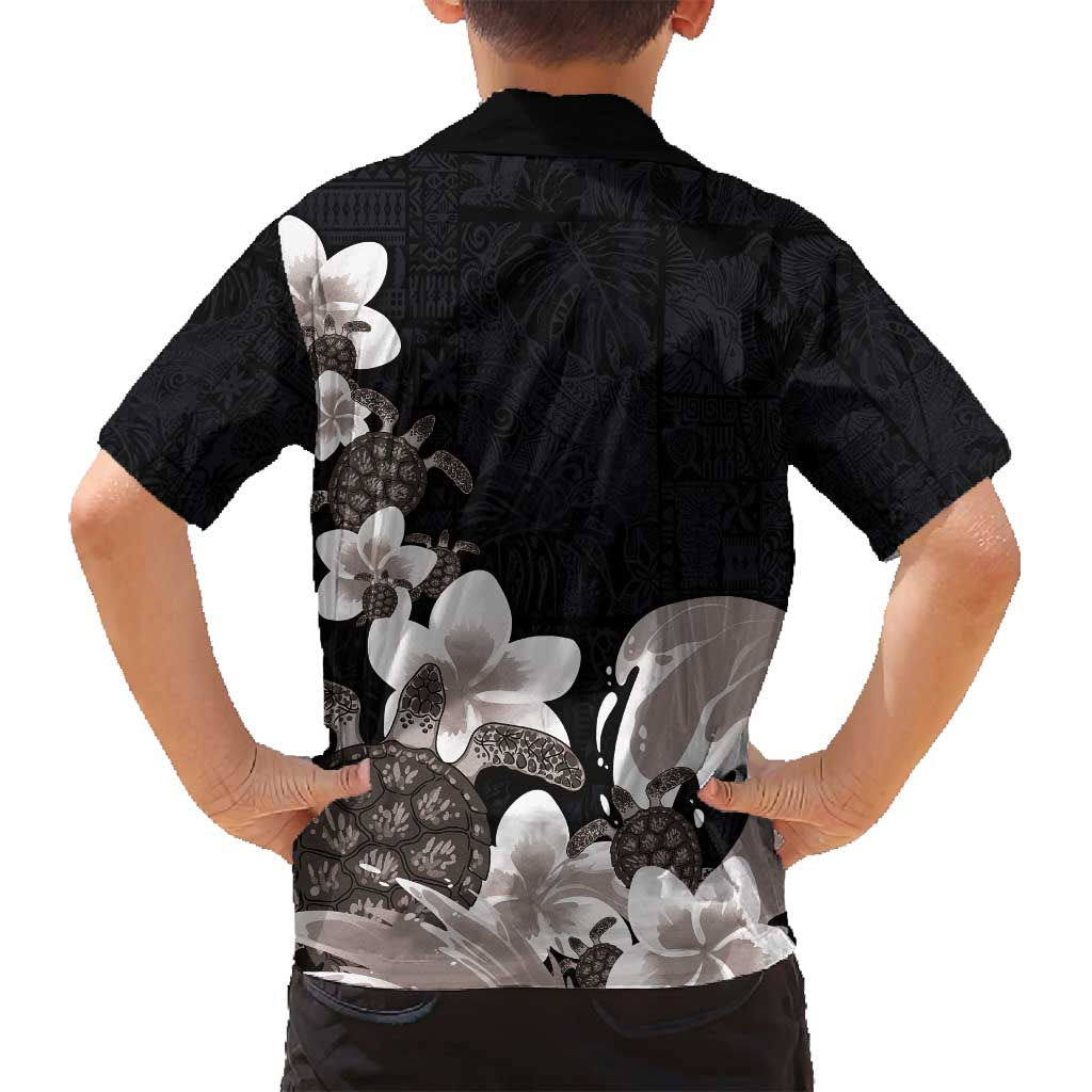 Hawaiian Plumeria and Turtle Family Matching Off Shoulder Maxi Dress and Hawaiian Shirt with Polynesian Tribal Art Pattern Grayscale Color