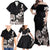 Hawaiian Plumeria and Turtle Family Matching Off Shoulder Maxi Dress and Hawaiian Shirt with Polynesian Tribal Art Pattern Grayscale Color