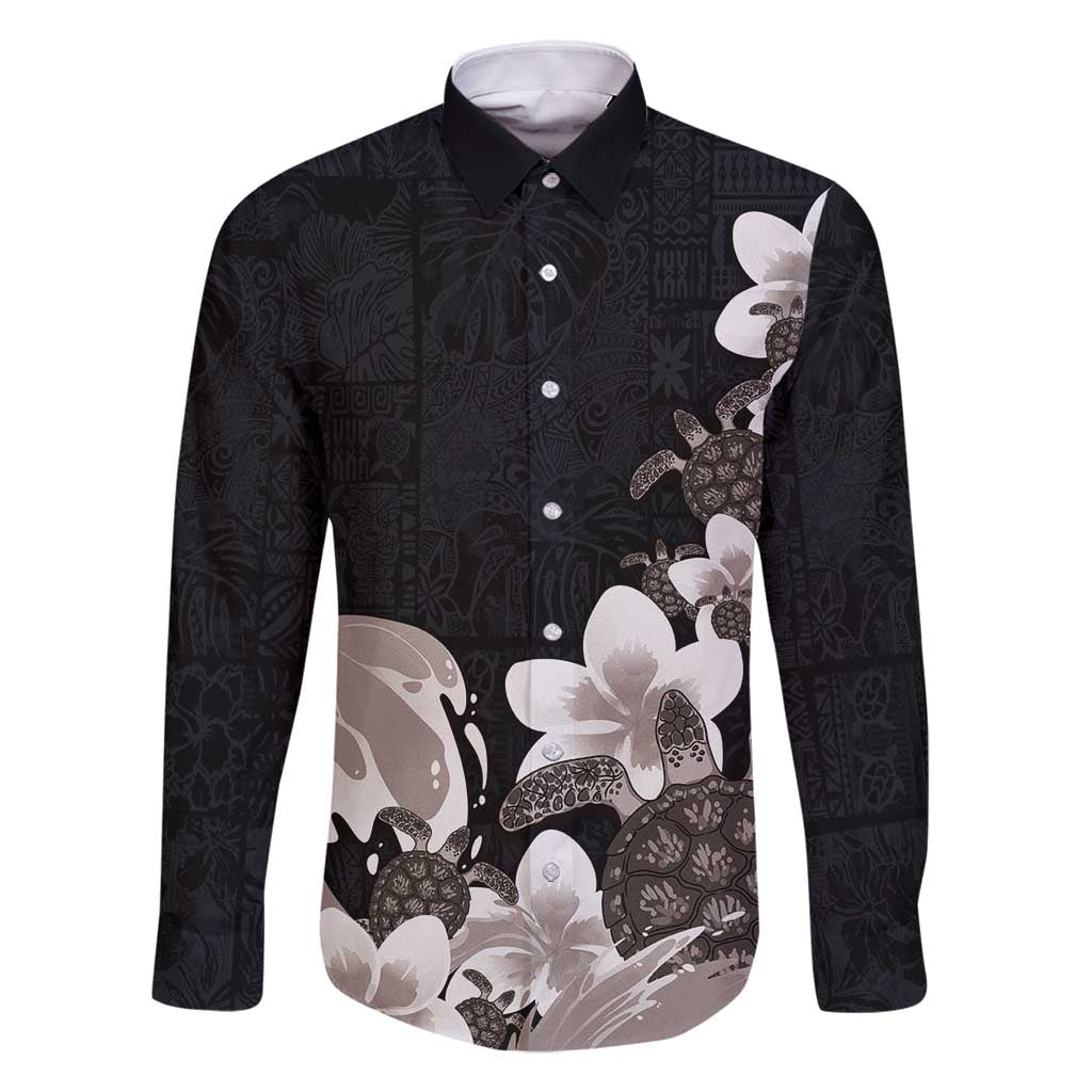 Hawaiian Plumeria and Turtle Family Matching Off Shoulder Maxi Dress and Hawaiian Shirt with Polynesian Tribal Art Pattern Grayscale Color