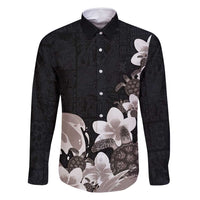 Hawaiian Plumeria and Turtle Family Matching Off Shoulder Maxi Dress and Hawaiian Shirt with Polynesian Tribal Art Pattern Grayscale Color
