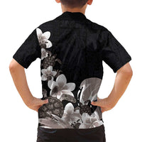 Hawaiian Plumeria and Turtle Family Matching Off Shoulder Short Dress and Hawaiian Shirt with Polynesian Tribal Art Pattern Grayscale Color